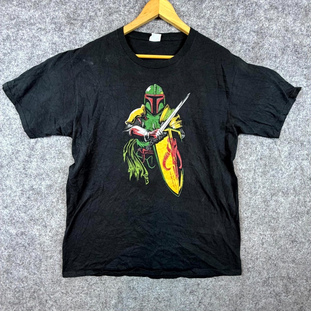 Star Wars Boba Fett Port &‎ Company T-Shirt Mens Black Mandalorian Shield Sword